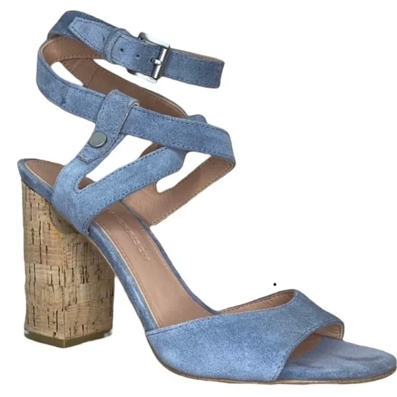 🩷 Sigerson Morrison; Paulina Slate Blue Suede Ankle Wrap Cork Sandals; Sz. 7.5! - Picture 1 of 12
